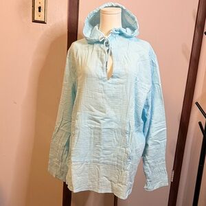 Light Blue Gauze Hooded Pullover Top with Kangaroo Pocket